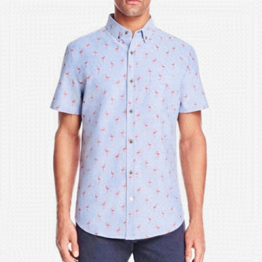 Alpha Beta Flamingo Print Light Blue Short Sleeve Button Up Shirt Size XL